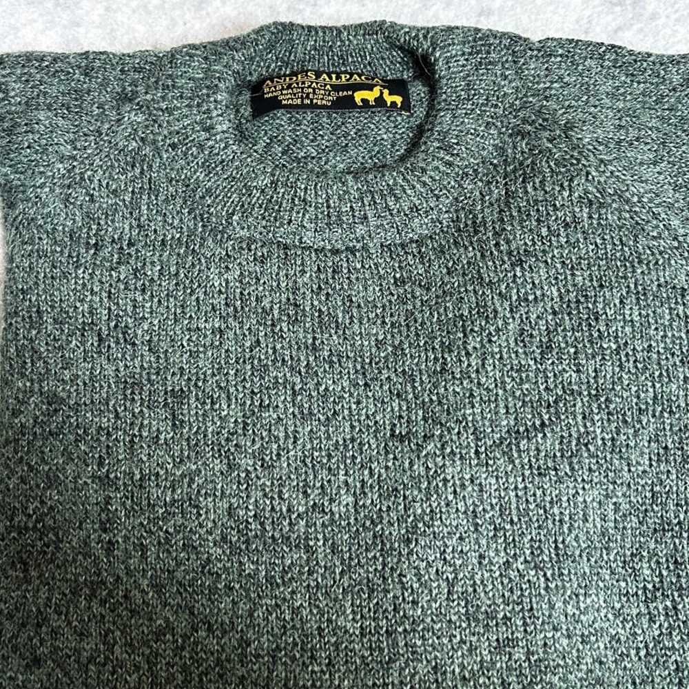 Peruvian Soul Baby Alpaca Crew Neck Sweater Men L Heather Green Artisan handmade